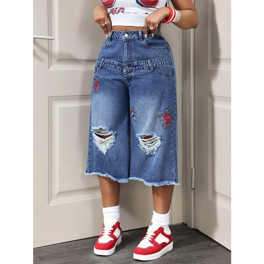 Distressed Wide-Leg Denim Capris Blue / S Apparel and Accessories
