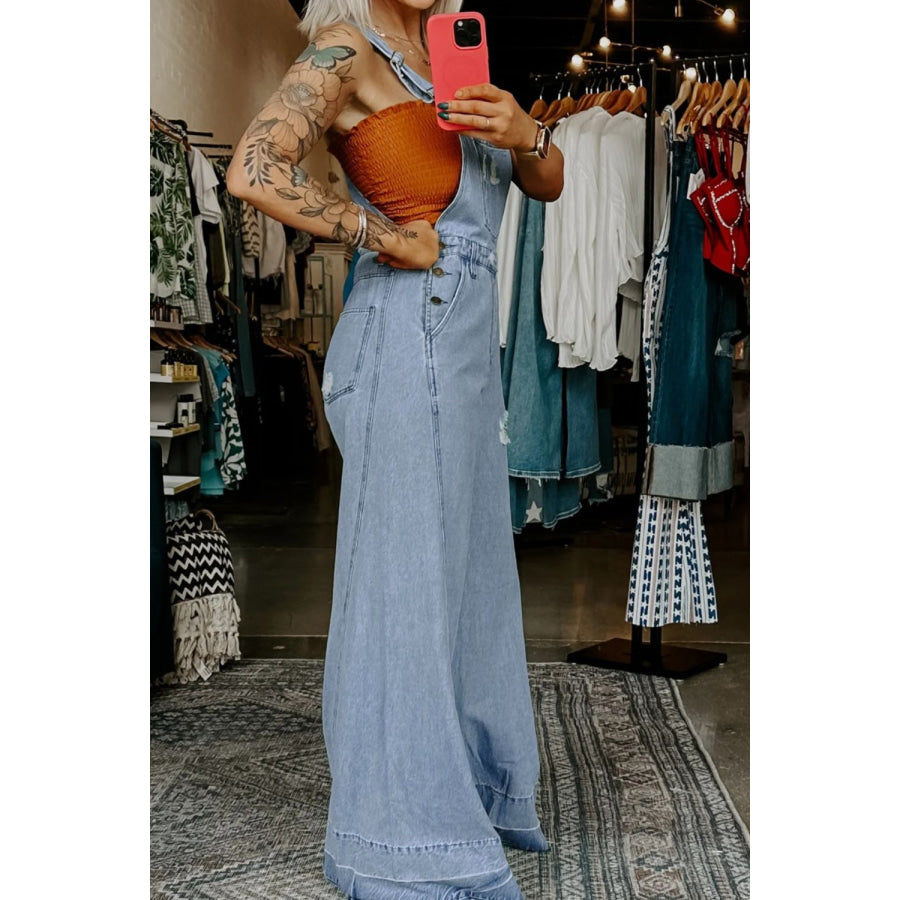 Distressed Wide Leg Denim Overalls Apparel and Accessories
