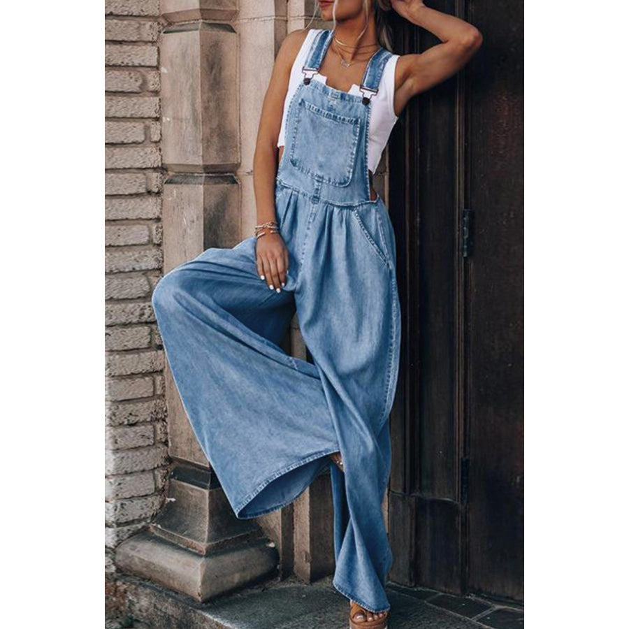 Distressed Wide Leg Denim Overalls Apparel and Accessories