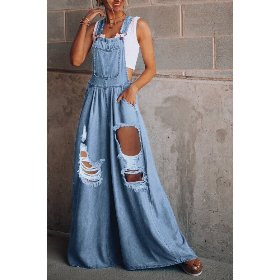 Distressed Wide Leg Denim Overalls Apparel and Accessories