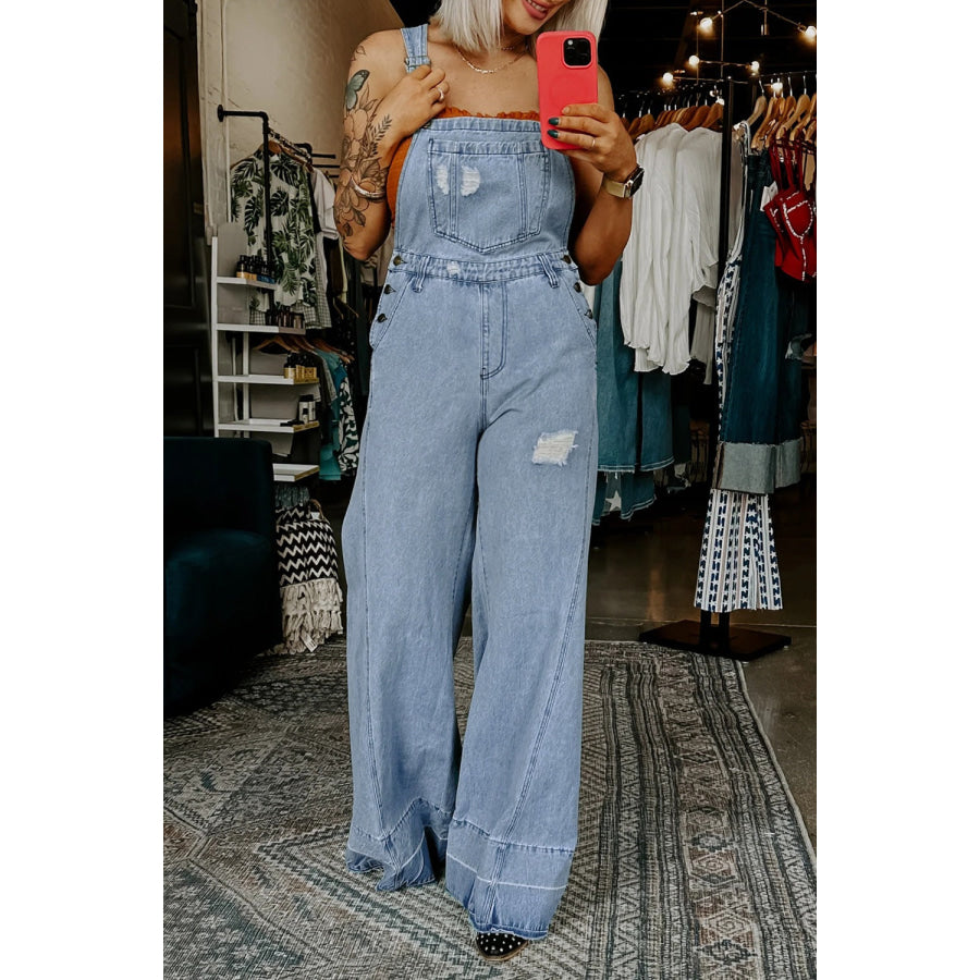 Distressed Wide Leg Denim Overalls Apparel and Accessories