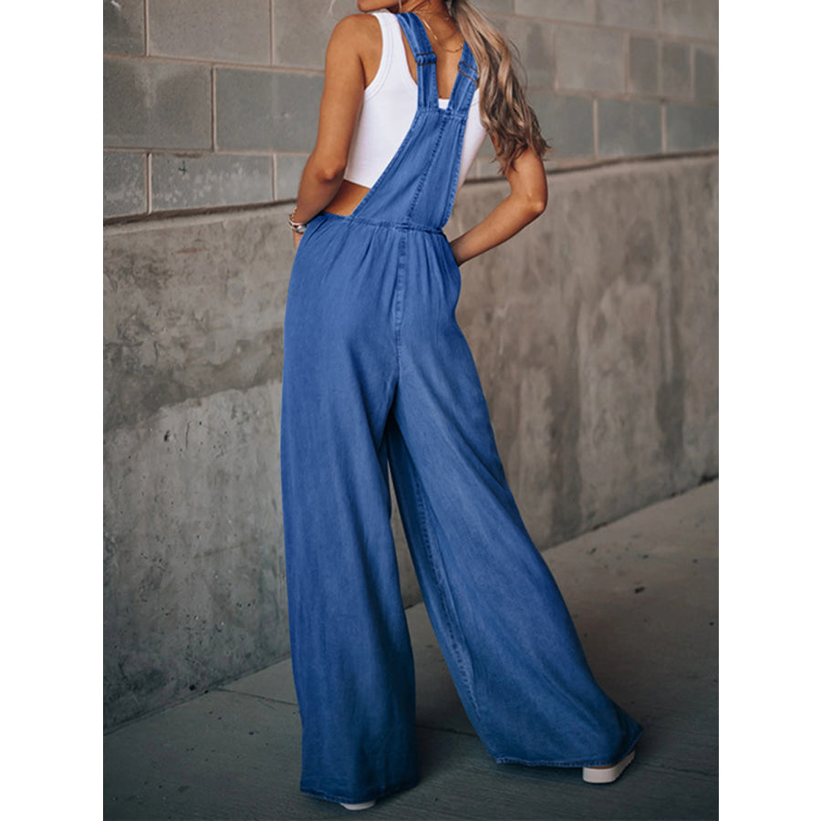 Distressed Wide Leg Denim Overalls Apparel and Accessories