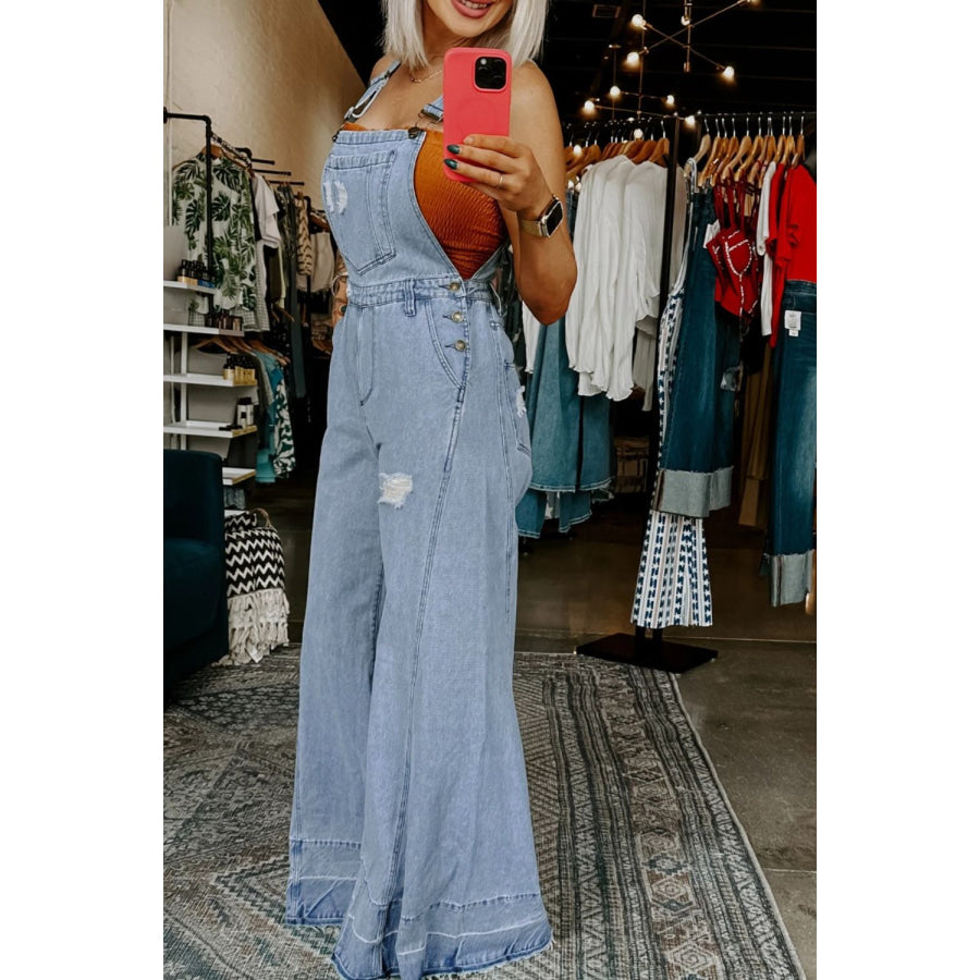 Distressed Wide Leg Denim Overalls Apparel and Accessories