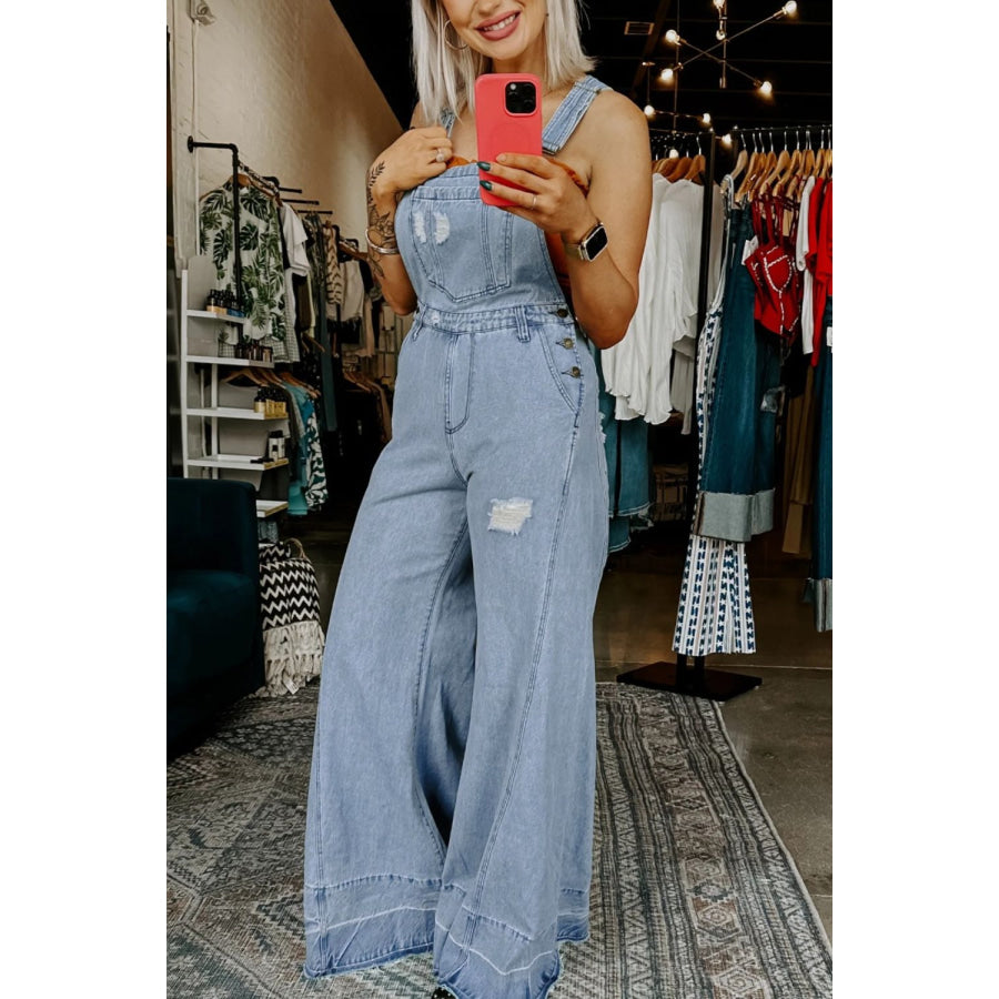 Distressed Wide Leg Denim Overalls Apparel and Accessories