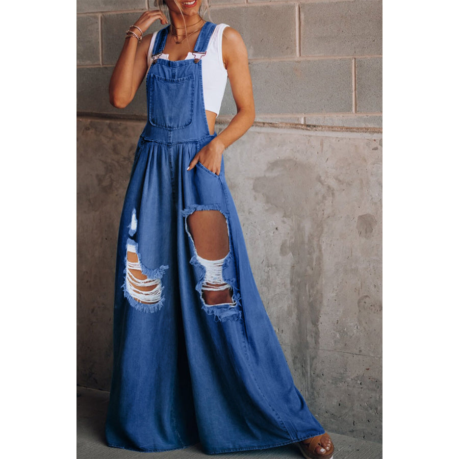 Distressed Wide Leg Denim Overalls Medium / S Apparel and Accessories