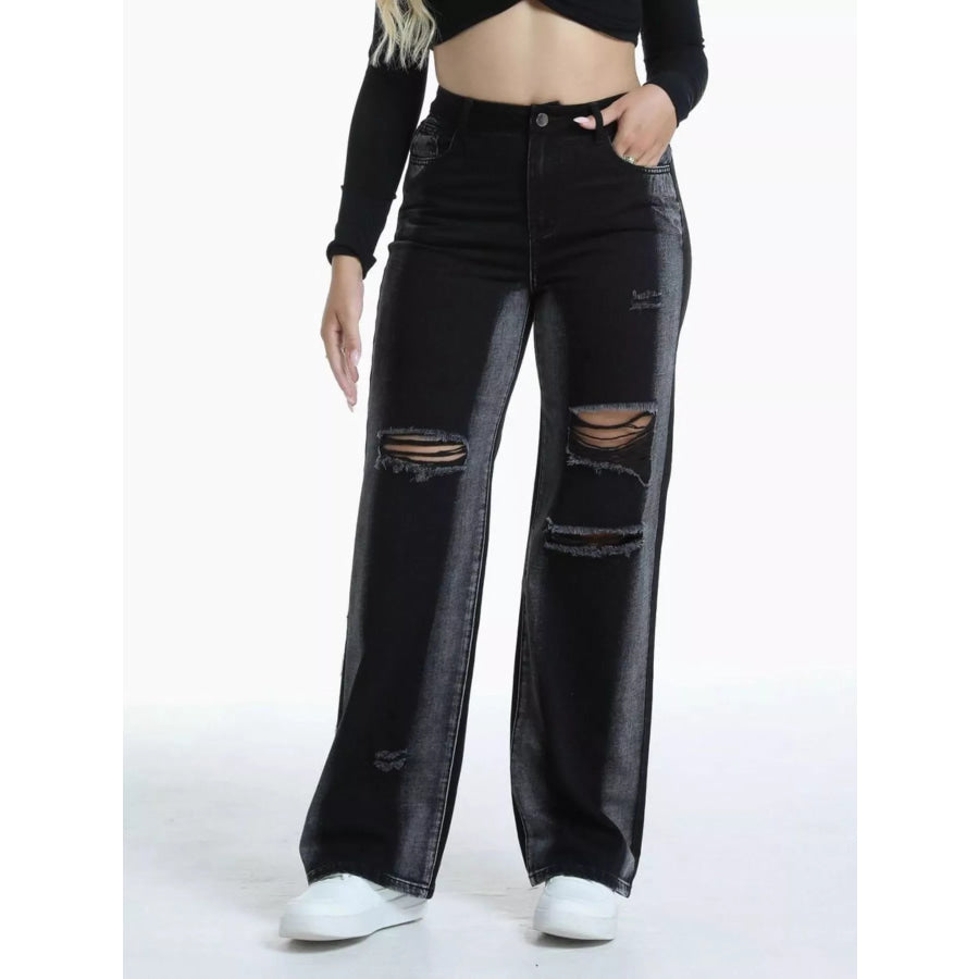 Distressed Wide-Leg Jeans Black / XS Apparel and Accessories