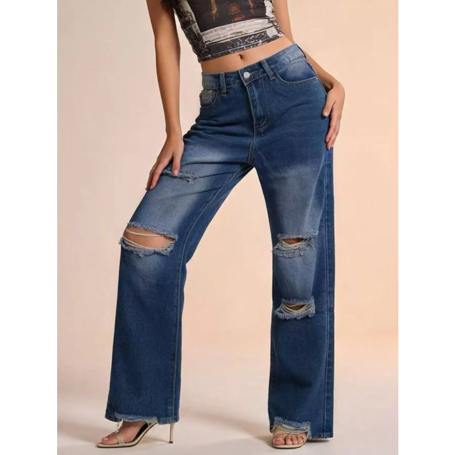 Distressed Wide Leg Jeans Blue / S Apparel and Accessories