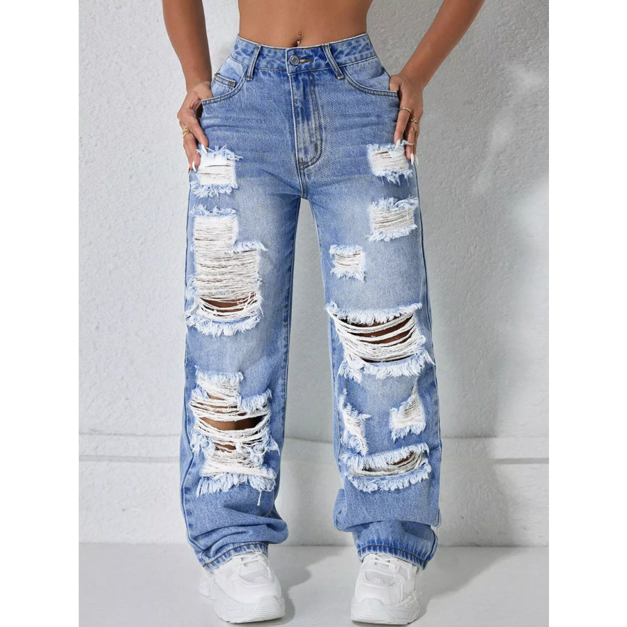 Distressed Wide Leg Jeans Blue / XS Apparel and Accessories