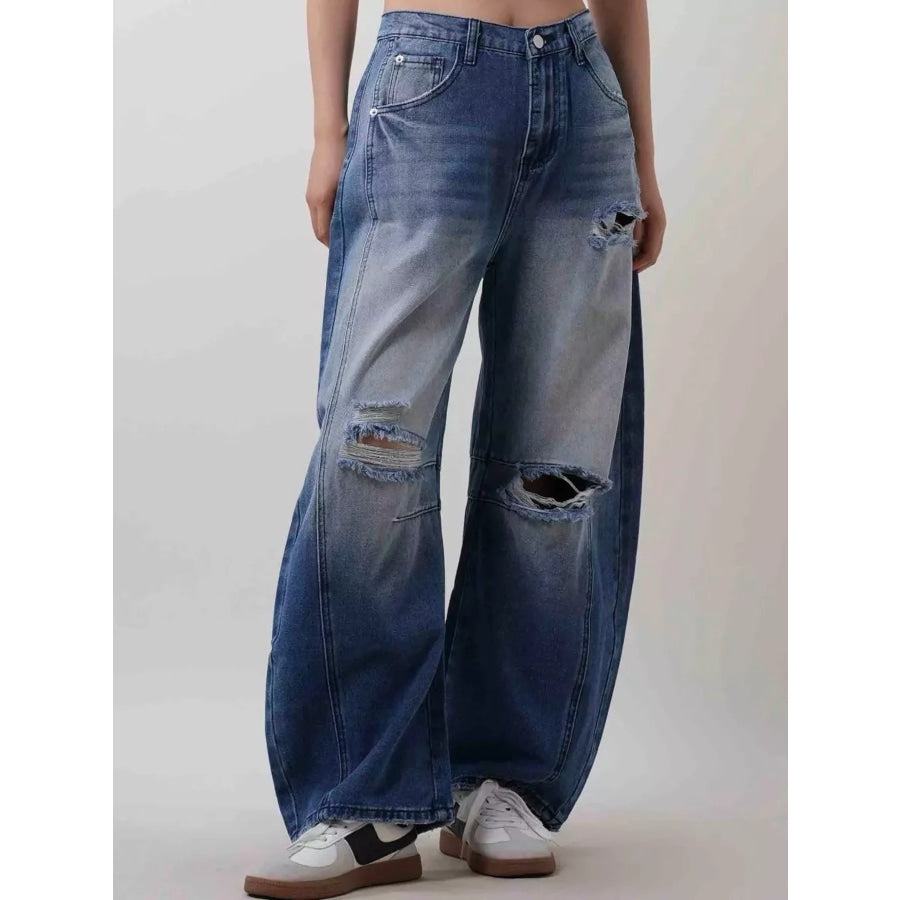 Distressed Wide Leg Jeans Dark Blue / S Apparel and Accessories