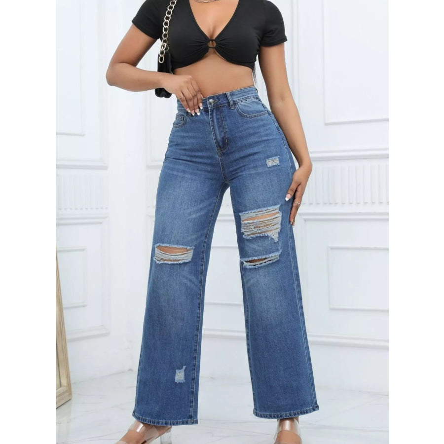 Distressed Wide-Leg Jeans Dark Blue / XS Apparel and Accessories