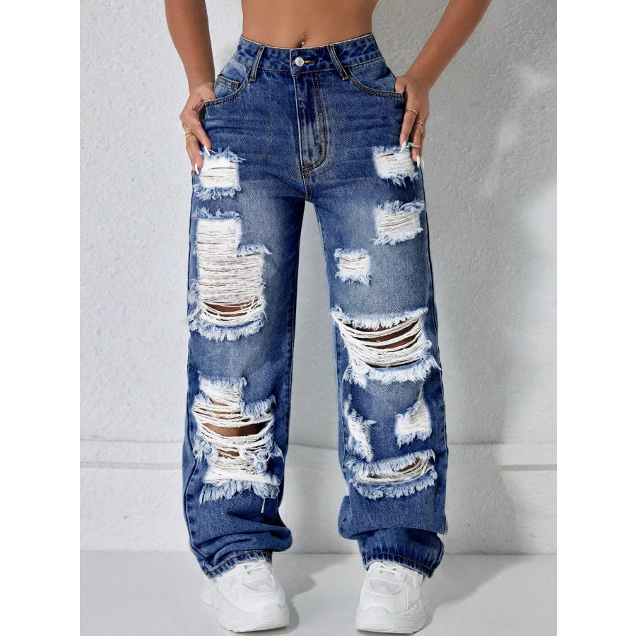 Distressed Wide Leg Jeans Dark Blue / XS Apparel and Accessories