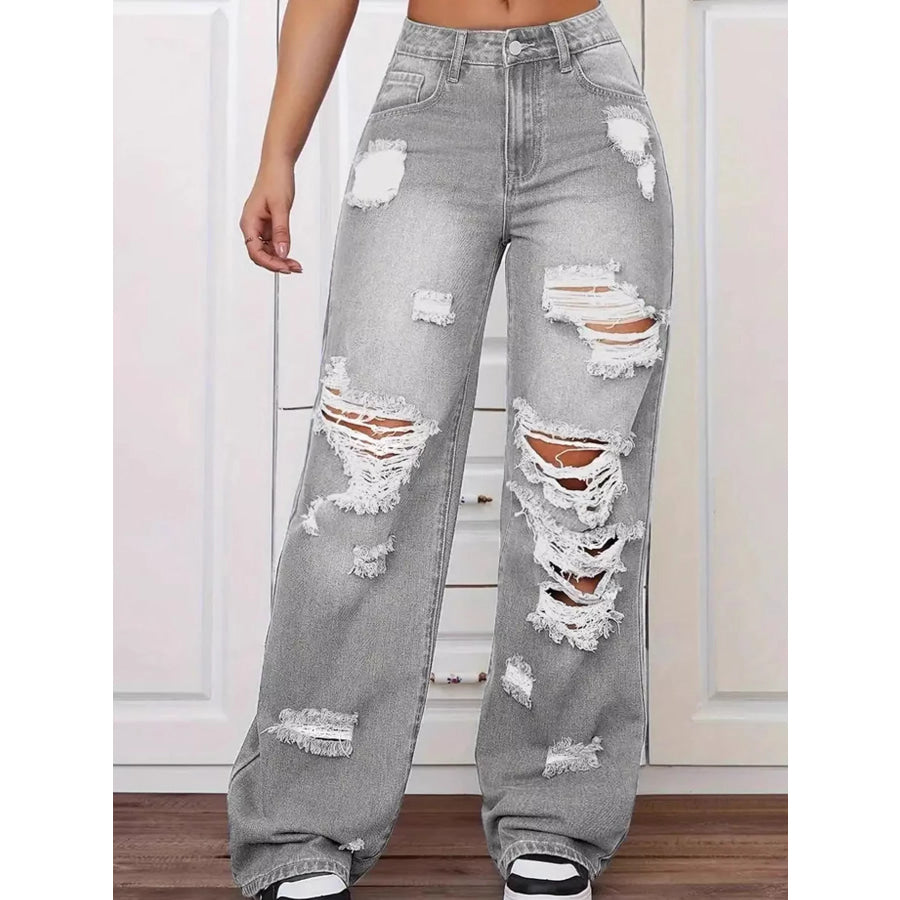 Distressed Wide-Leg Jeans Gray / XS Apparel and Accessories