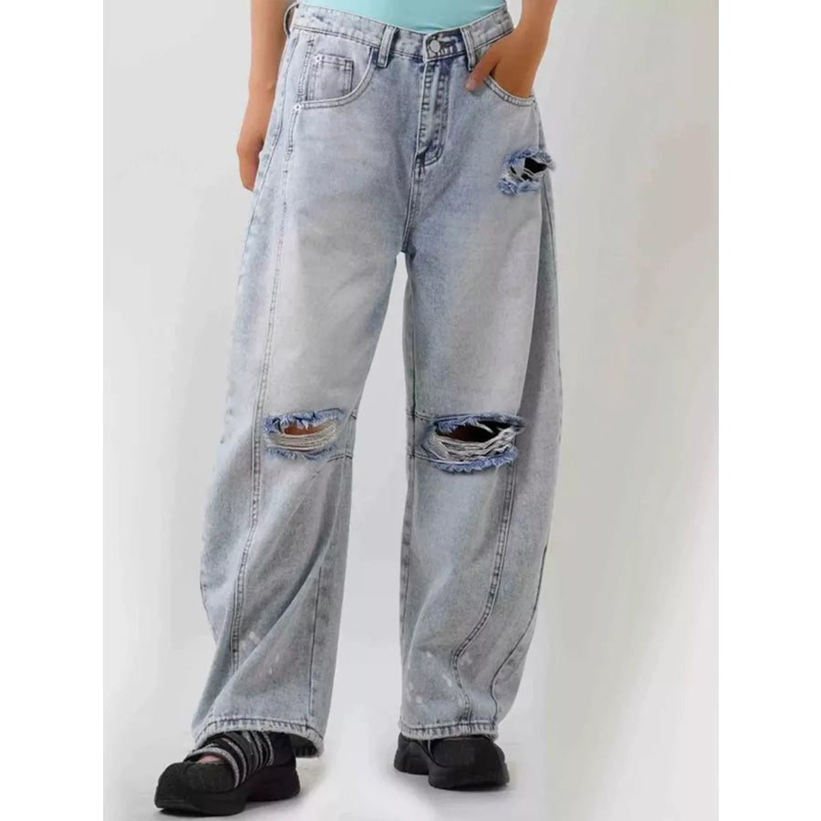 Distressed Wide Leg Jeans Light Blue / S Apparel and Accessories
