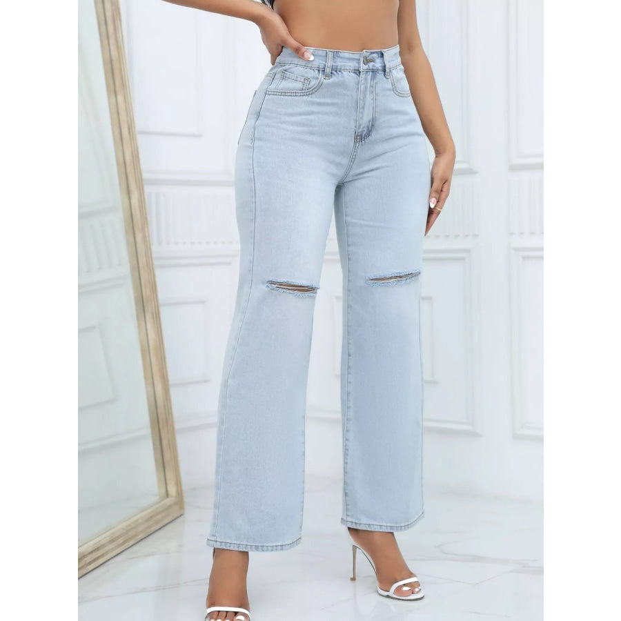 Distressed Wide-Leg Jeans Light Blue / XS Apparel and Accessories