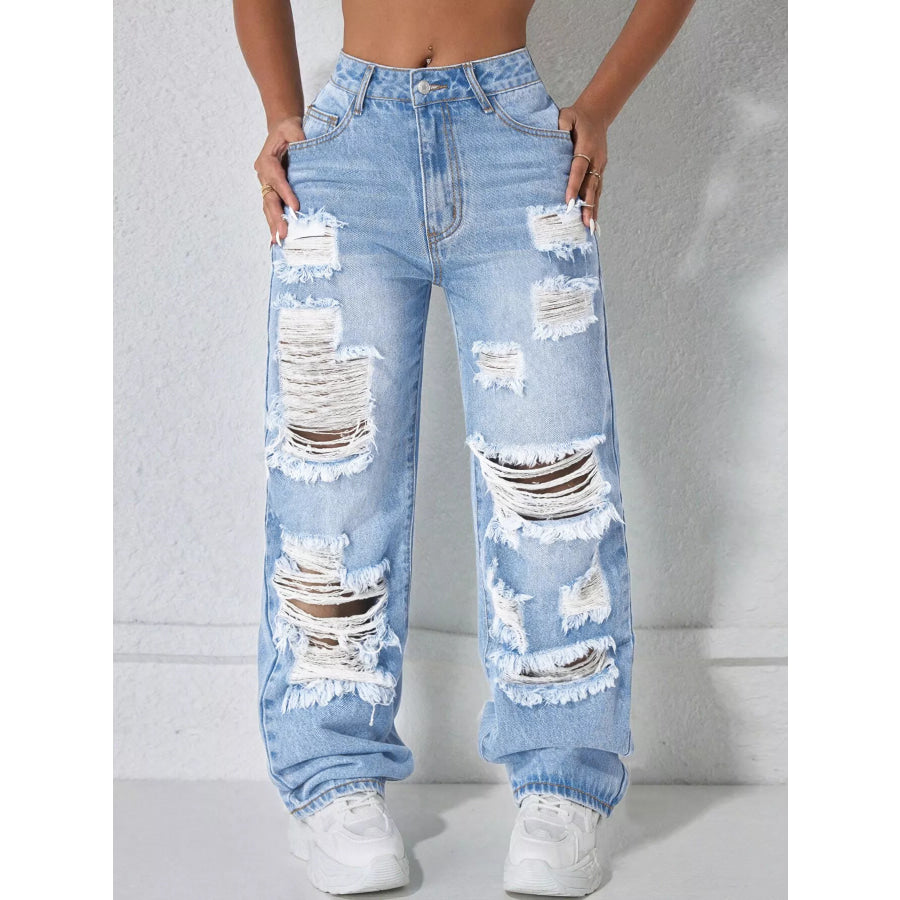 Distressed Wide Leg Jeans Light Blue / XS Apparel and Accessories