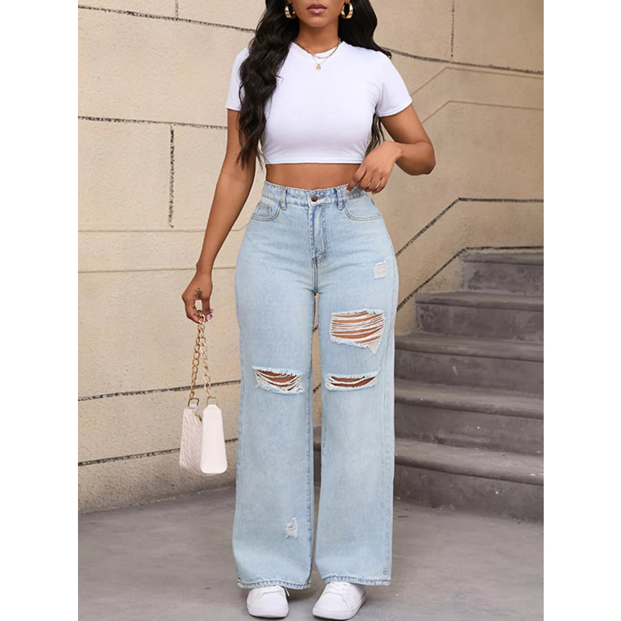 Distressed Wide-Leg Jeans White Blue / XS Apparel and Accessories