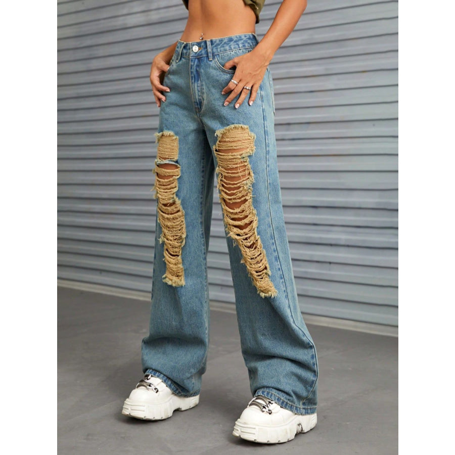 Distressed Wide Leg Jeans with Pockets Apparel and Accessories