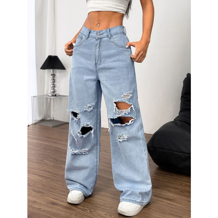 Distressed Wide Leg Jeans with Pockets Apparel and Accessories