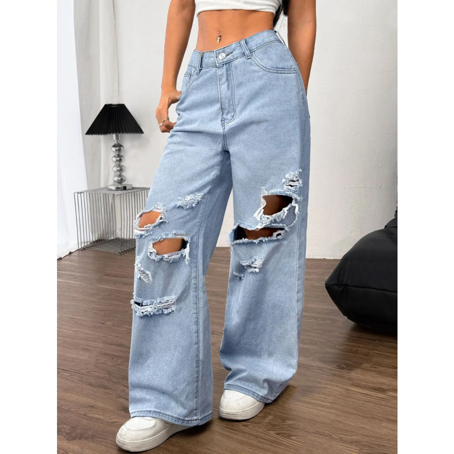 Distressed Wide Leg Jeans with Pockets Apparel and Accessories