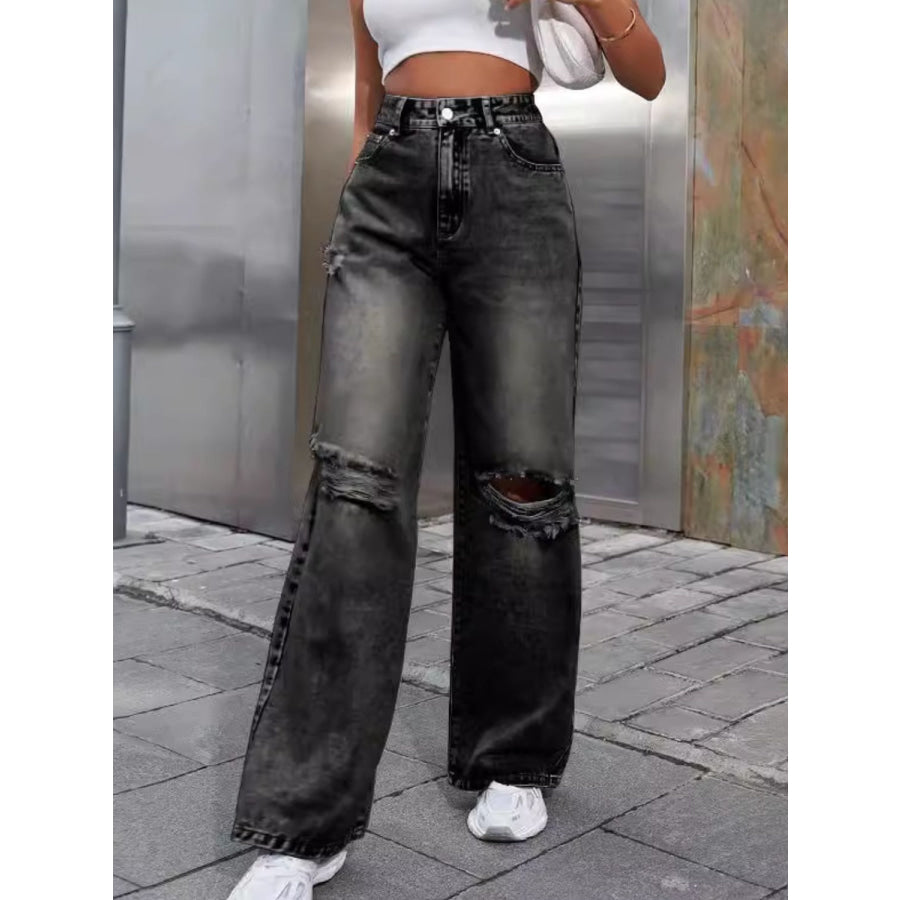 Distressed Wide Leg Jeans with Pockets Apparel and Accessories