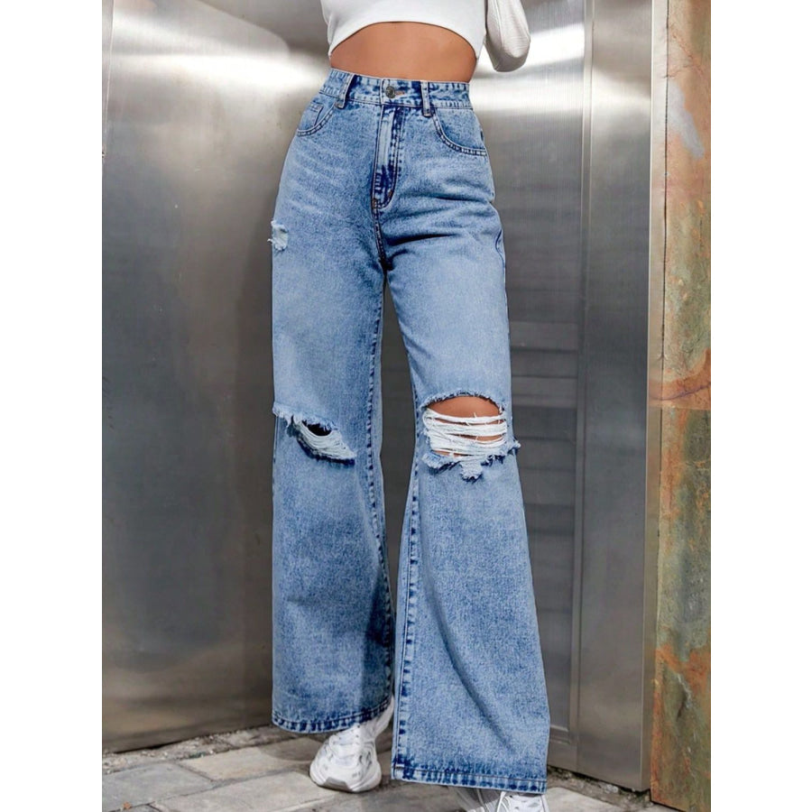 Distressed Wide Leg Jeans with Pockets Apparel and Accessories