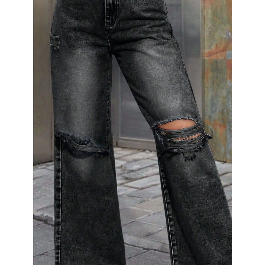 Distressed Wide Leg Jeans with Pockets Apparel and Accessories