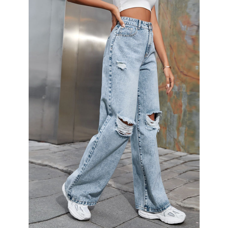 Distressed Wide Leg Jeans with Pockets Apparel and Accessories