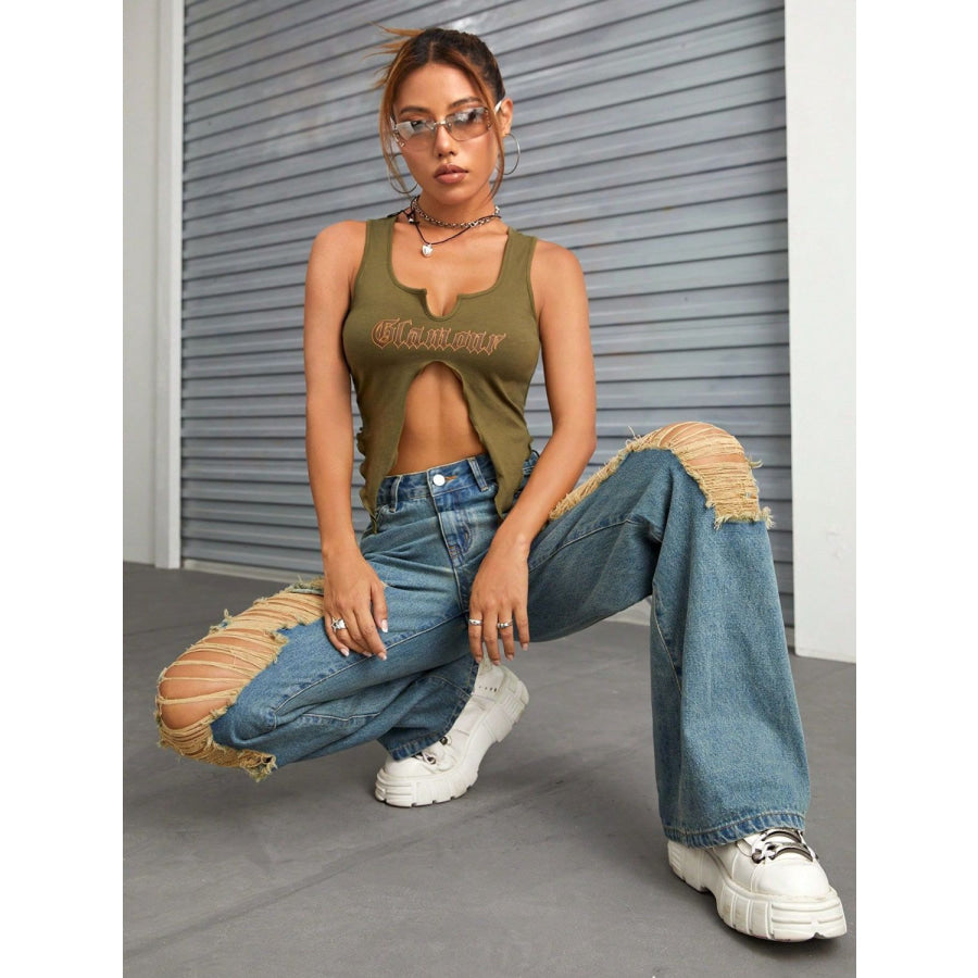 Distressed Wide Leg Jeans with Pockets Apparel and Accessories