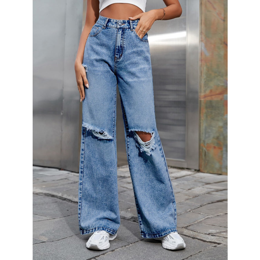 Distressed Wide Leg Jeans with Pockets Apparel and Accessories