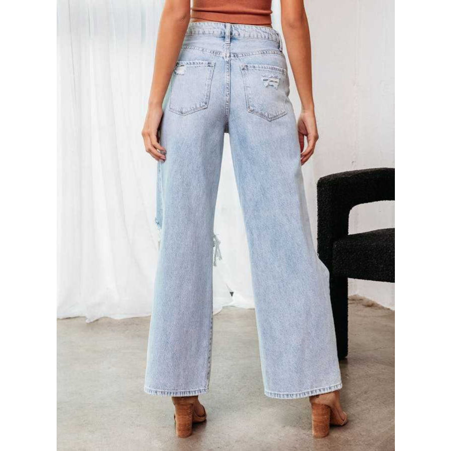 Distressed Wide Leg Jeans with Pockets Light / S Apparel and Accessories