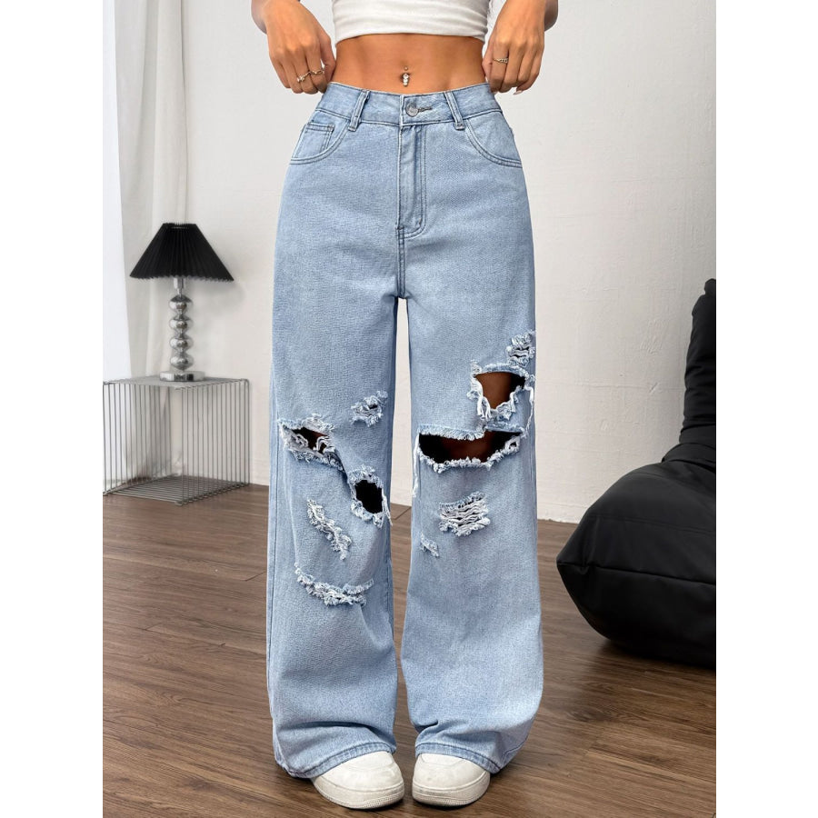 Distressed Wide Leg Jeans with Pockets Apparel and Accessories