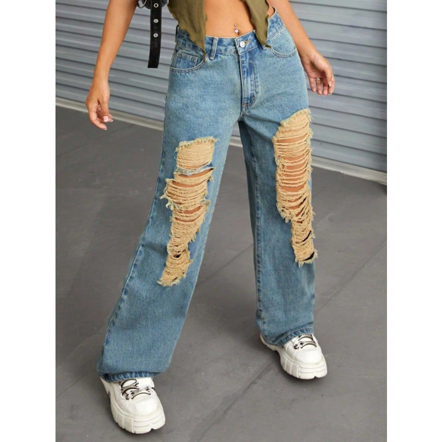 Distressed Wide Leg Jeans with Pockets Apparel and Accessories