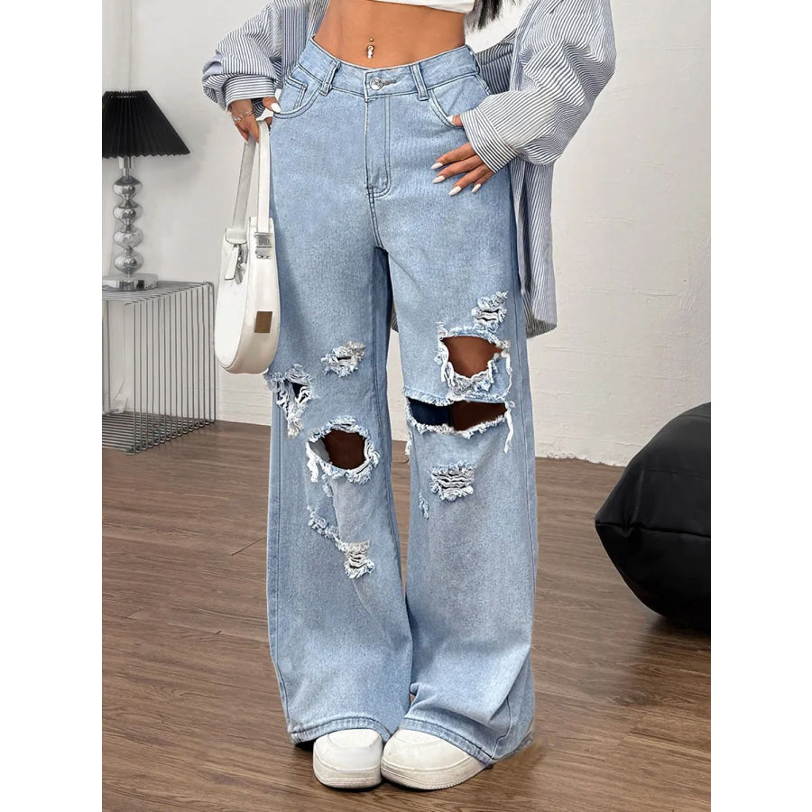 Distressed Wide Leg Jeans with Pockets Apparel and Accessories