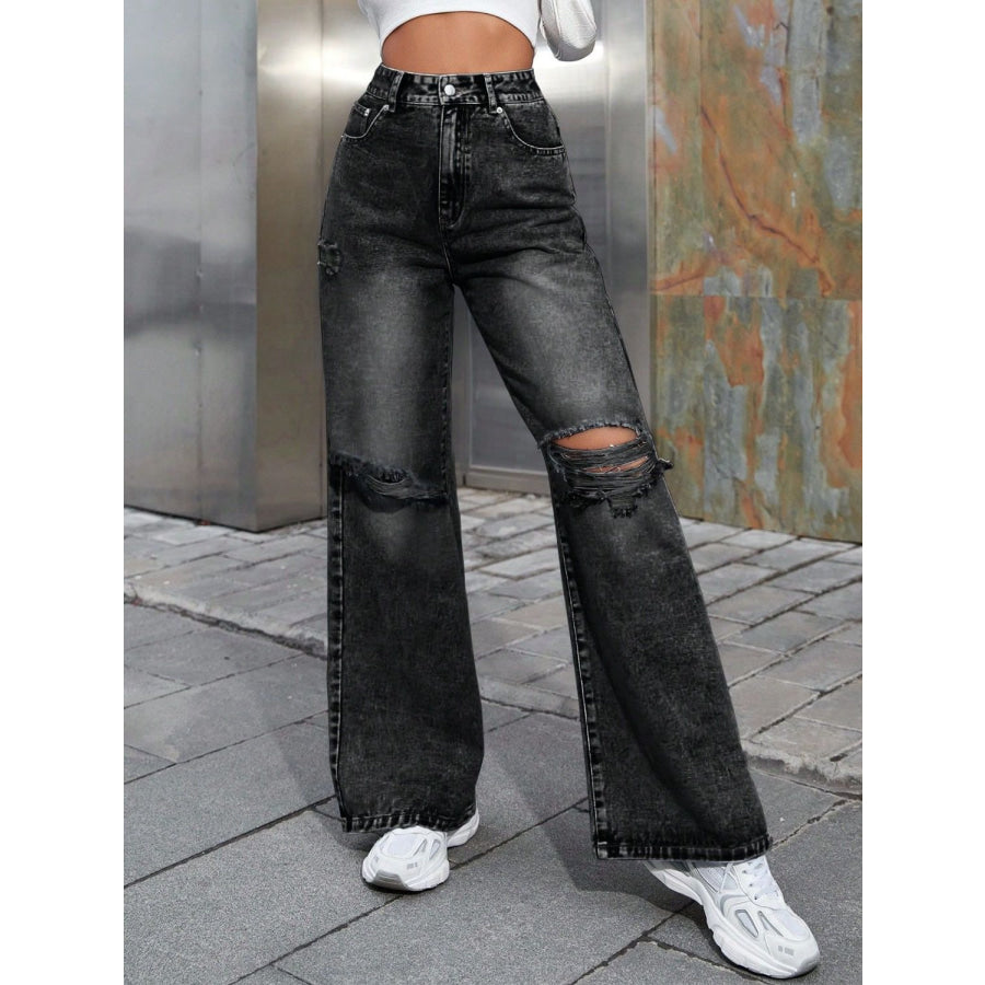 Distressed Wide Leg Jeans with Pockets Dark Gray / XS Apparel and Accessories