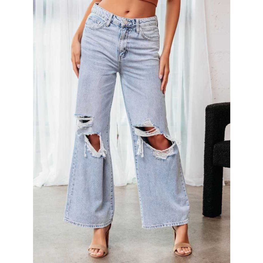 Distressed Wide Leg Jeans with Pockets Light / S Apparel and Accessories