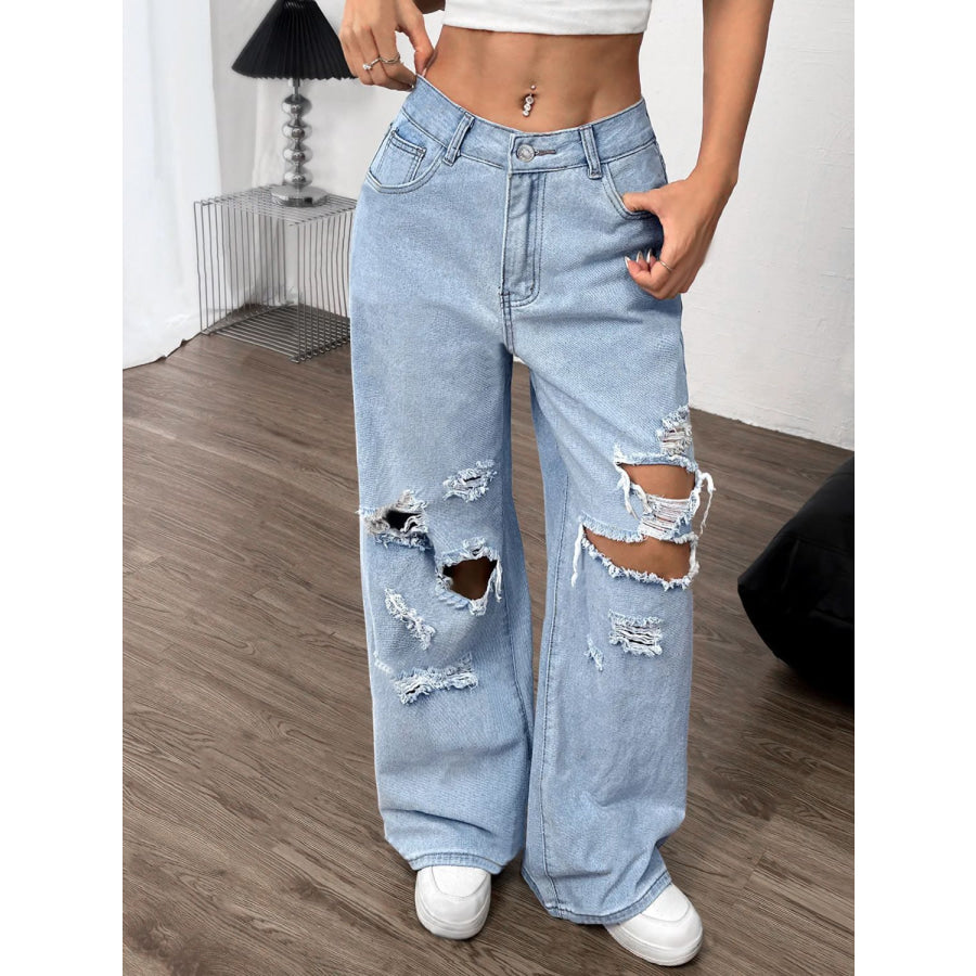 Distressed Wide Leg Jeans with Pockets Light / XS Apparel and Accessories