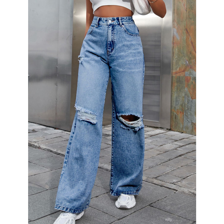 Distressed Wide Leg Jeans with Pockets Medium / XS Apparel and Accessories