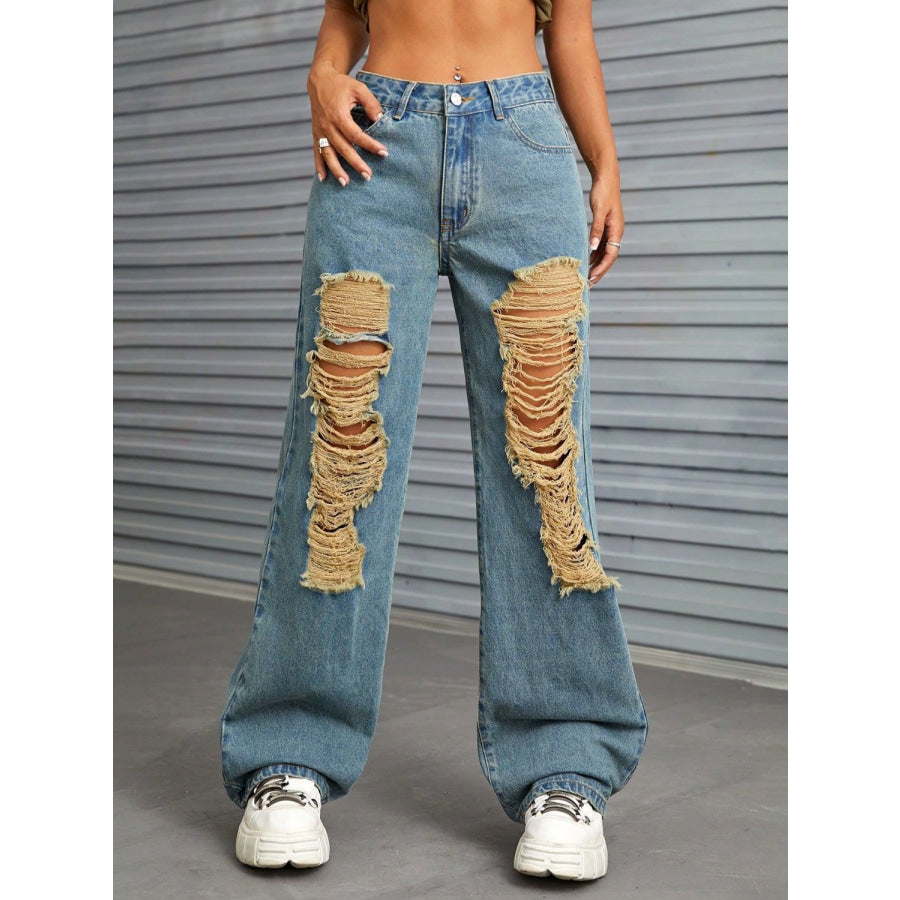 Distressed Wide Leg Jeans with Pockets Medium / XS Apparel and Accessories