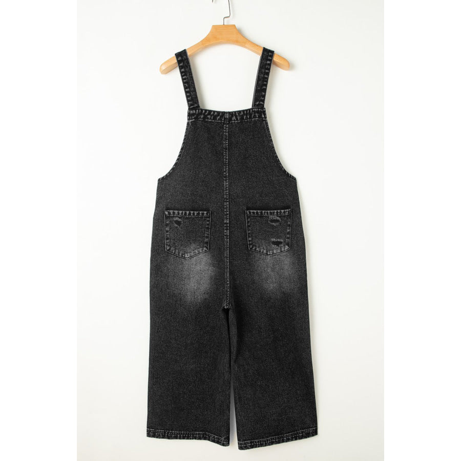 Distressed Wide Strap Denim Overalls Apparel and Accessories