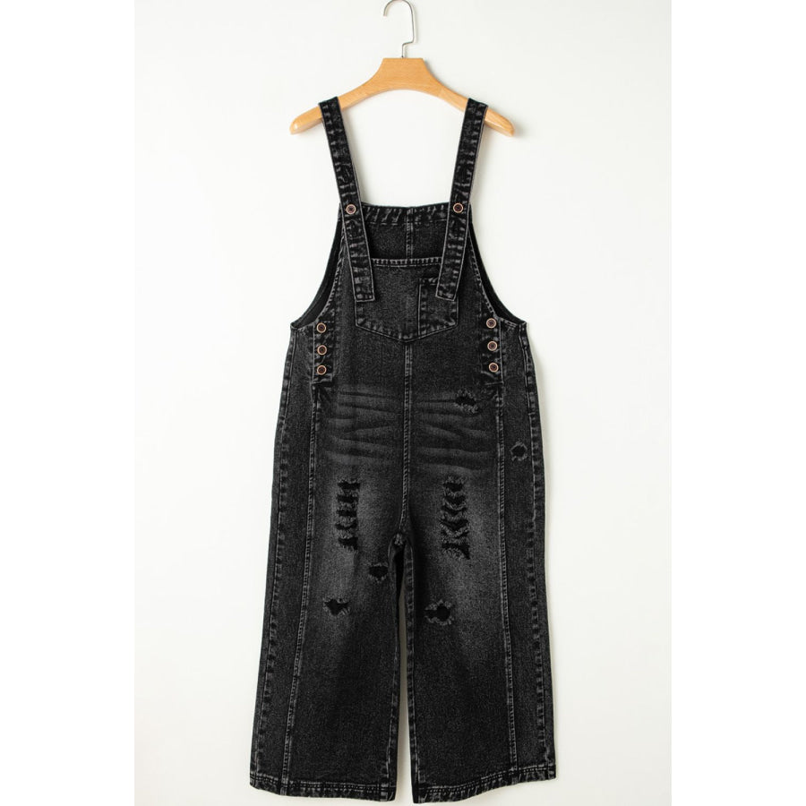 Distressed Wide Strap Denim Overalls Apparel and Accessories