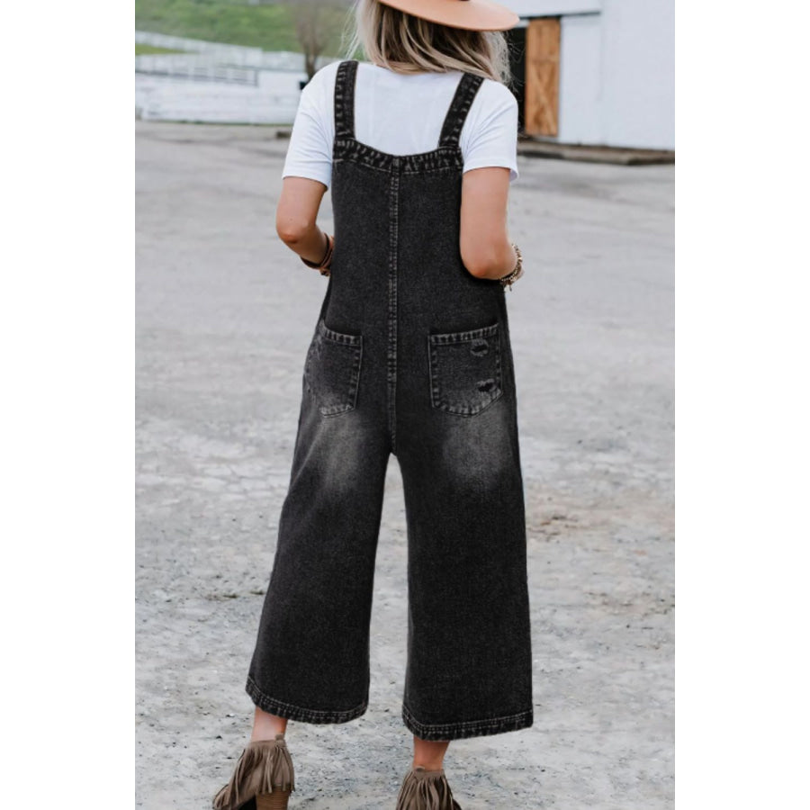 Distressed Wide Strap Denim Overalls Apparel and Accessories