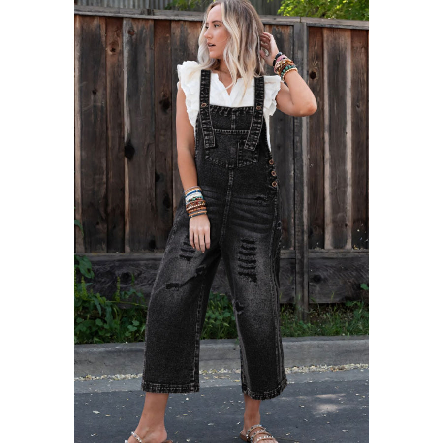 Distressed Wide Strap Denim Overalls Black / S Apparel and Accessories