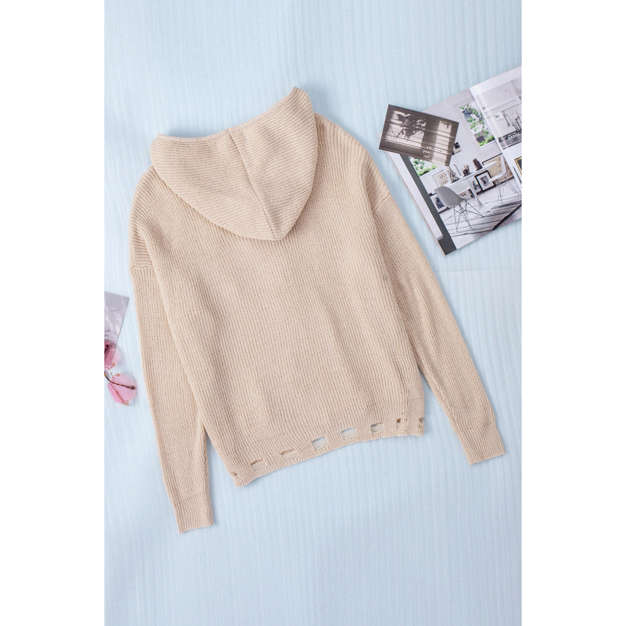 Distressed Zip Up Drawstring Hooded Cardigan Apparel and Accessories