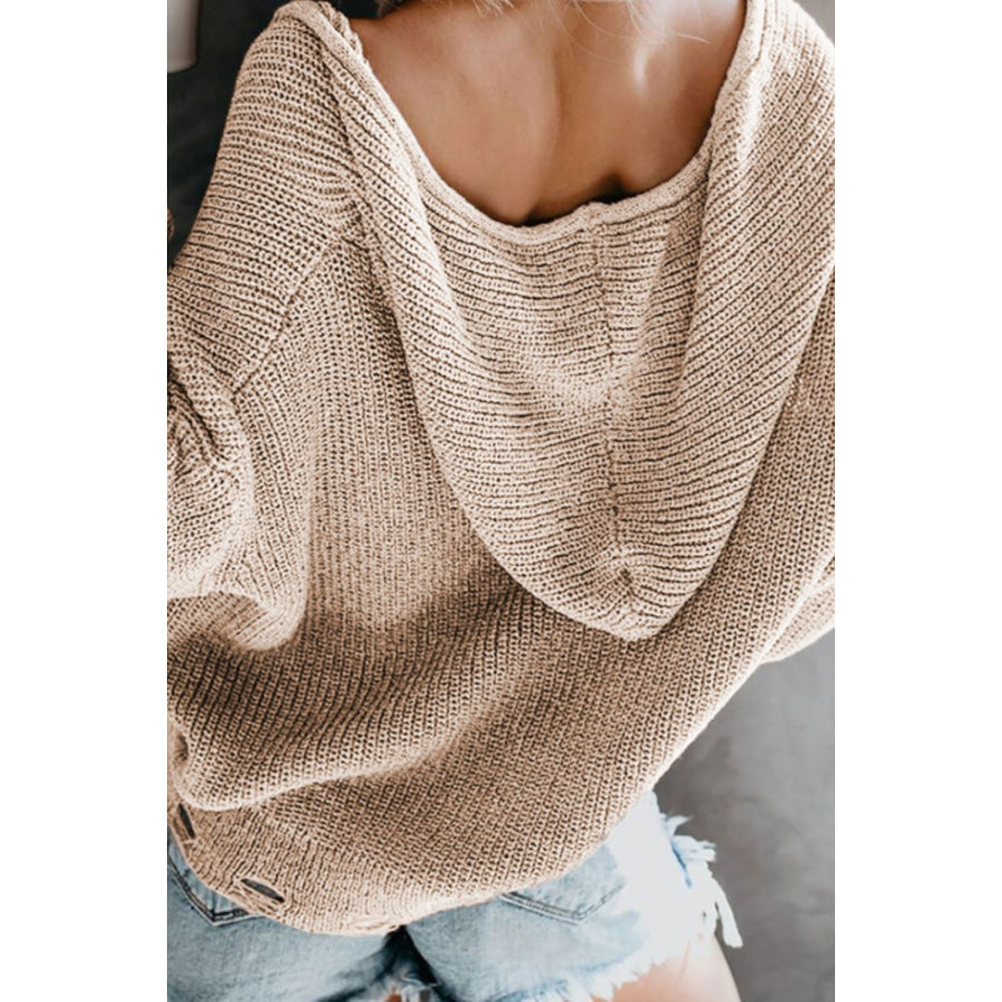 Distressed Zip Up Drawstring Hooded Cardigan Apparel and Accessories