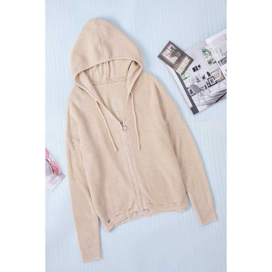 Distressed Zip Up Drawstring Hooded Cardigan Apparel and Accessories
