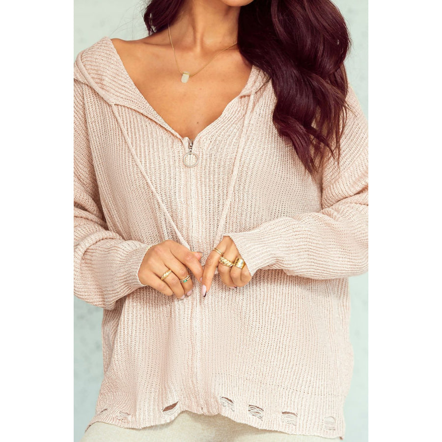 Distressed Zip Up Drawstring Hooded Cardigan Apparel and Accessories