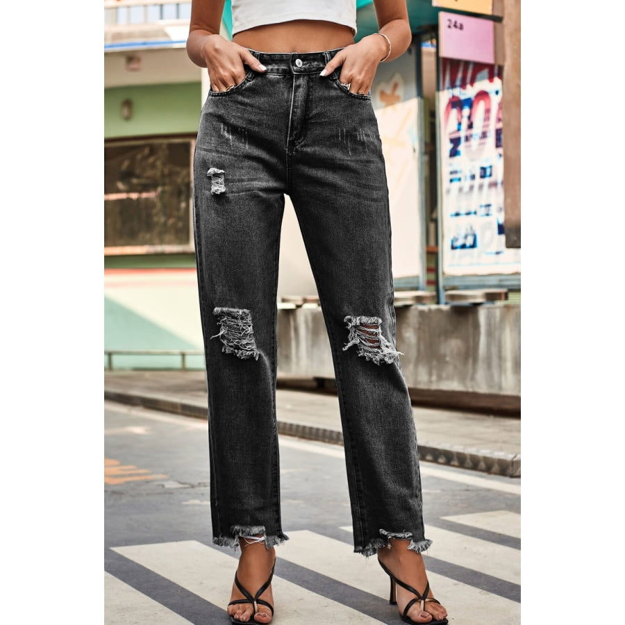 Distresssed Buttoned Loose Fit Jeans Dark / S