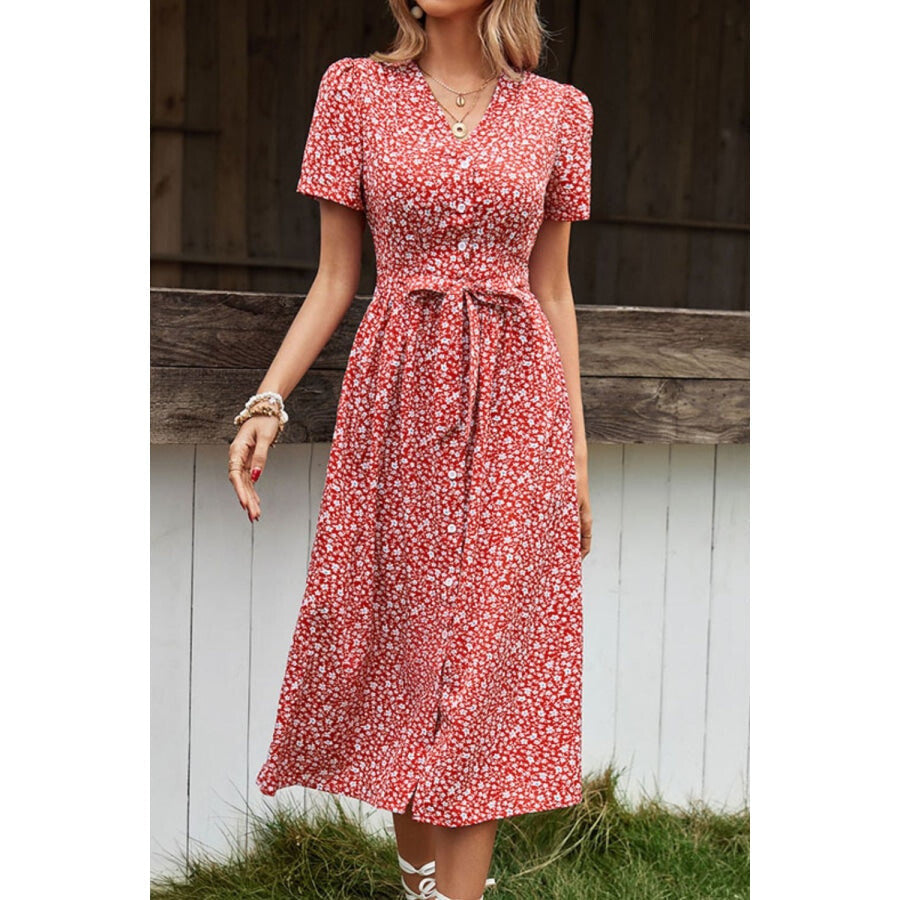 Ditsy Floral Button Front Tied Puff Sleeve Dress Deep Red / S