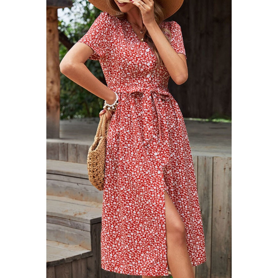 Ditsy Floral Button Front Tied Puff Sleeve Dress