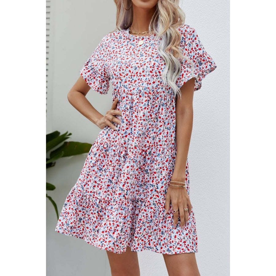 Ditsy Floral Flounce Sleeve Tiered Dress